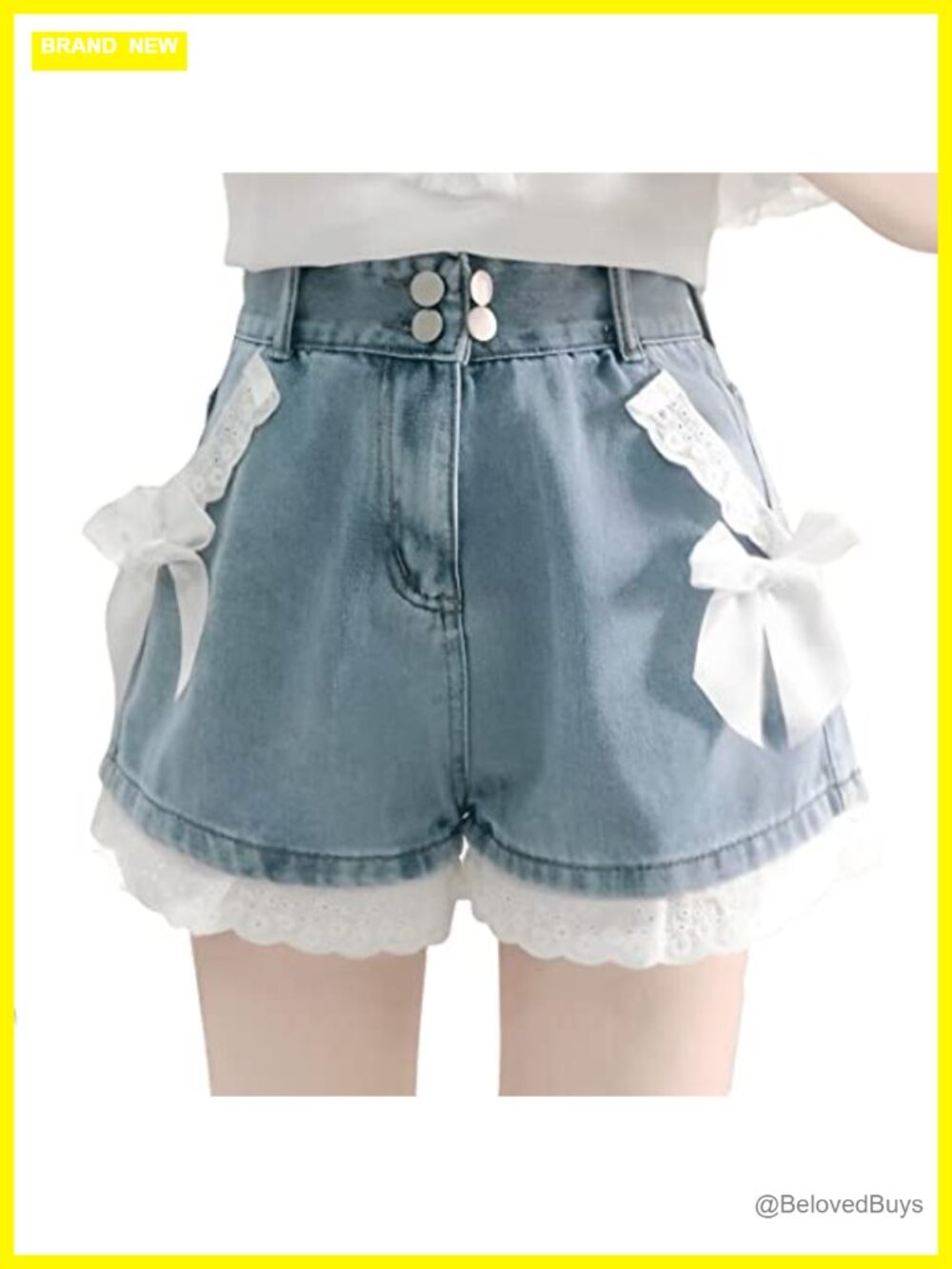 Kawaii Harajuku Wide Leg Denim Shorts Lace Bows Trim Y2K Goth